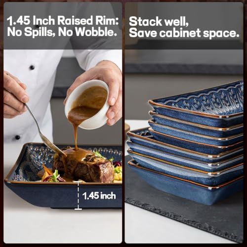 Artena Appetizer Plates Set of 4, 8.25" Embossed Ceramic Rectangular Dessert Plates, Deep Lipped Edges, Microwave & Dishwasher Safe, Salad Sushi Snack Serving Plates (Blue, Damask Floral) - Image 5