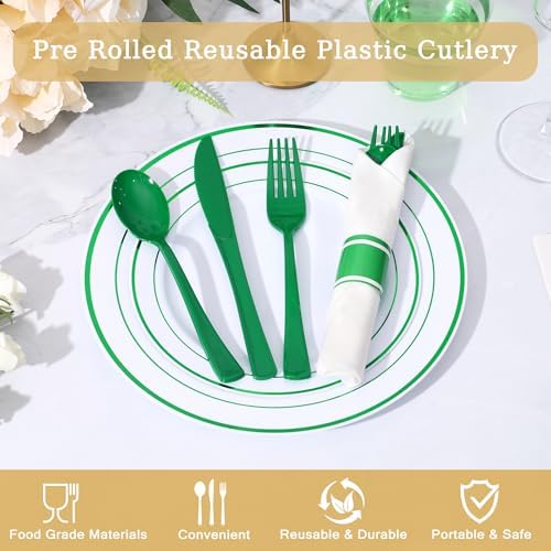 50 Pack Pre Rolled Green Plastic Silverware Set with Napkin - Image 3