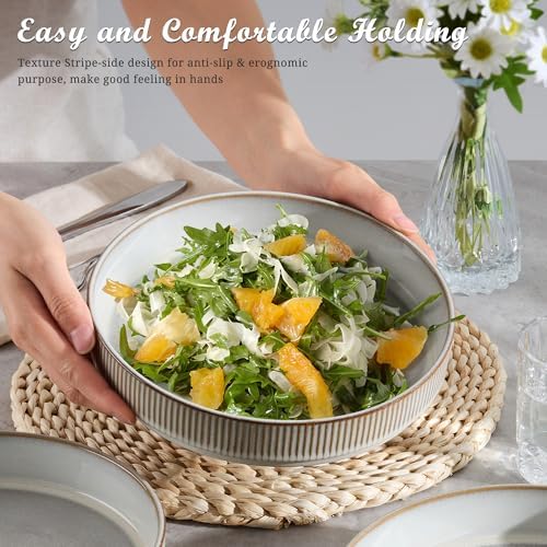 E-far Pasta Bowls Set of 6, 35oz Large Salad Bowl Plate for Dinner Serving, Wide & Shallow Ceramic Stoneware Pasta Plates, Microwave & Dishwasher Safe, Reactive Glaze Textured Stripes, Creamy Beige - Image 4