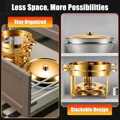 Chafing Dishes Buffet Food Warmer - Parties Servers Trays Catering Dish Warming Display Set - Chafers Keep Warm Serving Tray Round Heating Kit with Burners 4 Set Gold - Image 5