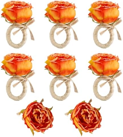 Handmade Flower Napkin Rings Set of 8, Orange Peony Napkin Holder Floral Rings With Jute Bow Buckles for Summer, Wedding, Banquet, Birthday, Christmas, Valentine's, Thanksgiving Table Decoration by FEKIDO