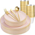 bUCLA 150PCS Pink Plastic Plates - Pink and Gold Disposable Include 25 Each (Dinner & Dessert) Plates, 25 Knives, 25 Forks, 25 Spoons and 25 Cups, Ideal for Party & Wedding by BUCLA