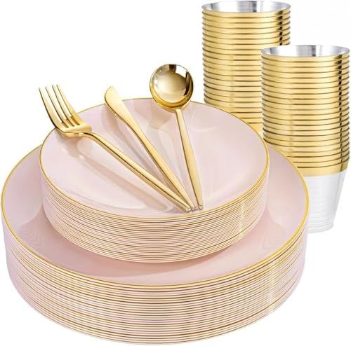 bUCLA 150PCS Pink Plastic Plates - Pink and Gold Disposable Include 25 Each (Dinner & Dessert) Plates, 25 Knives, 25 Forks, 25 Spoons and 25 Cups, Ideal for Party & Wedding by BUCLA