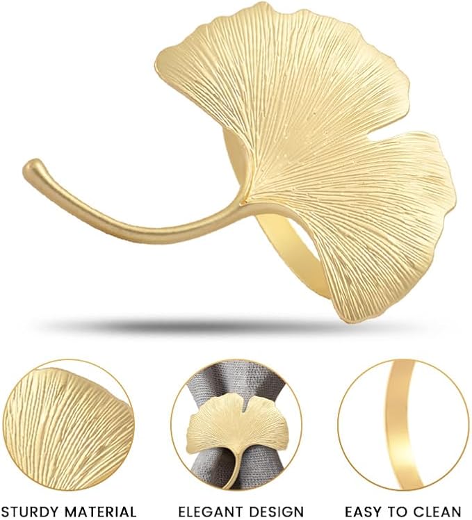 Decozen Set of 4 Gold Napkin Rings in Leaf Design, Festive, Table Decor Setting for Holiday, Wedding, Birthday, Kitchen, Home Decor, Housewarming Gift - Mothers Day Decorations