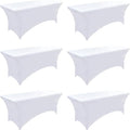 6-Pack 8ft White Spandex Table Covers for Rectangle Folding Tables - Washable Elastic Tablecloth - Ultimate Fitted Table Protector for Birthday Parties, Trade Shows, Banquet