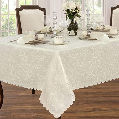 Newbridge Portofino Scalloped Damask Fabric Tablecloth, 52 x 70 Inch Rectangle, Ivory, Wrinkle and Stain Resistant Fine Dining Holiday Party Table Cover - Image 2