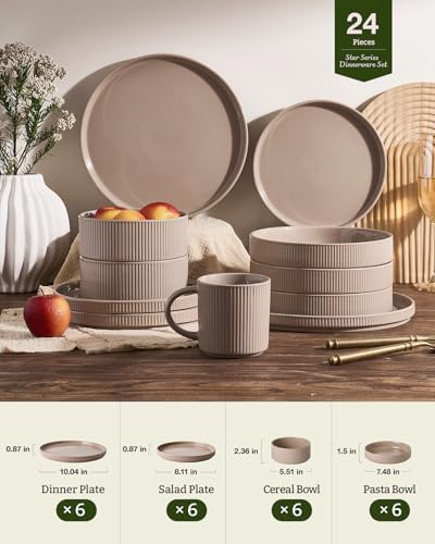 Famiware Stoneware Dinnerware Set with Pasta Bowls, 24pc Brown Dishes for 6 - Image 6