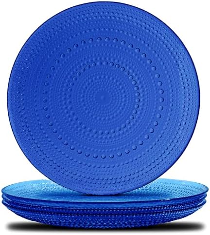 Cobalt Blue Hobnail Dinner Plates Set of 4 Pressed Glass 10.5 Inch by Yungala