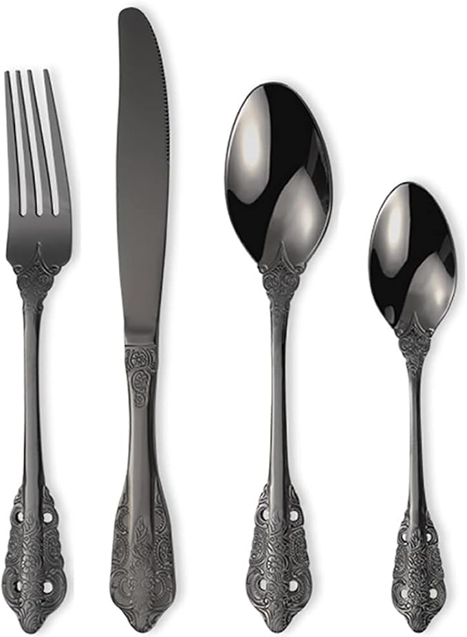 Vintage Black Silverware Flatware Set for 8, European Classic Style 32 Pieces Stainless Steel Tableware Cutlery Set,Fine Kitchen Utensils for Wedding Restaurant Hotel Christmas