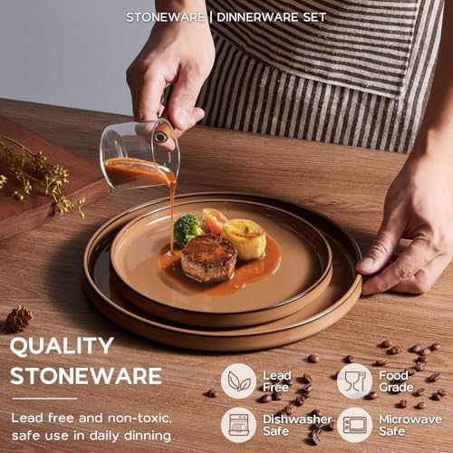 Onader Stoneware Dinnerware Sets for 4, Plates and Bowls with Unglazed Terracotta Bottom, Elegant Kitchen Ceramic Dish Dishware Set, Reactive Glaze 12 Piece - Earthy Umber - Image 3