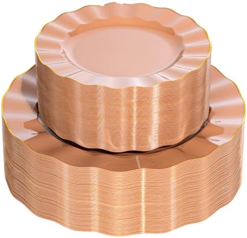 120PCS Mocha Mousse Plastic Plates, Wavy Plates with Gold Rim by QualQuot