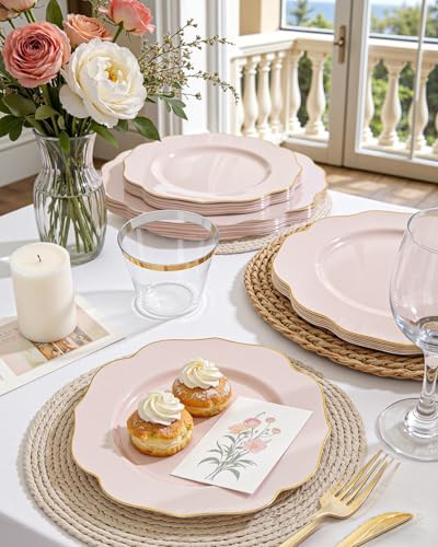 bUCLA 180PCS Pink Plastic Plates - Pink with Gold Rim Disposable for Party Include 30 Each (Dinner & Dessert) Plates, 30 Knives, 30 Forks, 30 Spoons, 30 Cups for Wedding, Birthday & Party - Image 5