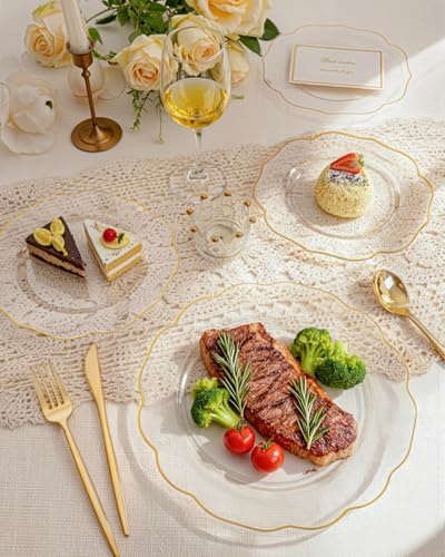 bUCLA 180PCS Clear Plastic Plates with Gold Trim - Clear Gold Plastic Dinnerware Include 30 Dinner & Dessert Plates, 30 Knives, 30 Forks, 30 Spoons and 30 Cups for Party - Image 3