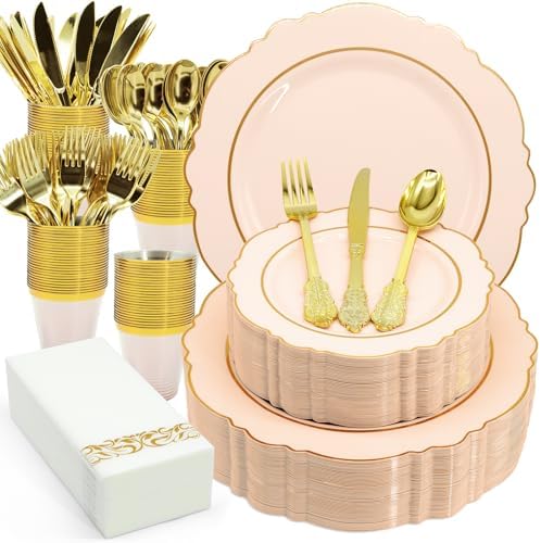 AIRE Pink Gold Plastic Plates Set, 175PCS Disposable Dinnerware for 25 by AIRE