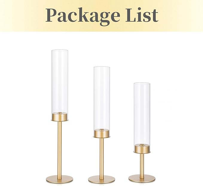 Hewory Gold Candle Holders, 12Pcs Brass Hurricane Candlestick Holders with Glass Candle Cover for Wedding Table Centerpiece Christmas Decor
