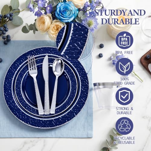 Ciaell 150 PCS Blue and Silver Plastic Plates - Blue Disposable Plate include 50 Plates, 25 Knives, 25 Forks, 25 Spoons, 25 Cups for Weddings & Party (Pack of 2) - Image 2