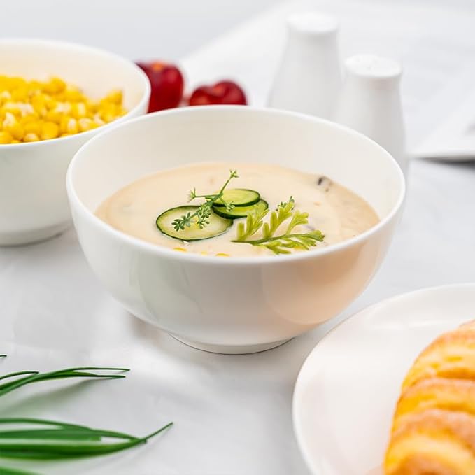 Fine Bone China Bowl, 6 Inches, Set of 6, Fine Glaze With Pure White Color Easy to Clean, Thin Thickness and Light Weight, Service for Salad, Rice, Soup and Pasta, Microwave and Dishwasher Safe