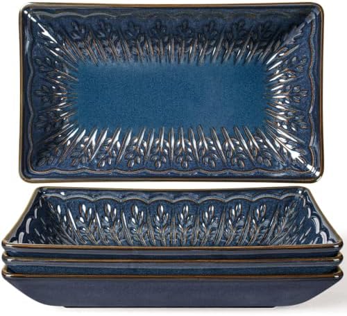Artena Salad Plates Set of 4, 9.85" Embossed Ceramic Rectangular Appetizer Plates, Deep Lipped Edges, Microwave & Dishwasher Safe, Dessert Sushi Pasta Serving Plates (Blue, Wheat Leaf) by Artena