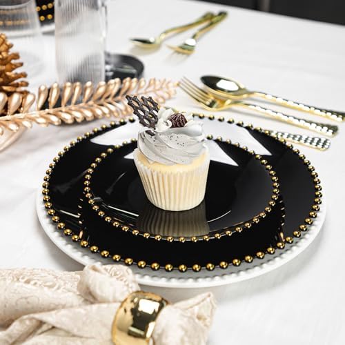 HOMIP 50PCS Disposable Black Plastic Plates with Gold Pearl-Beaded Rim - Image 6