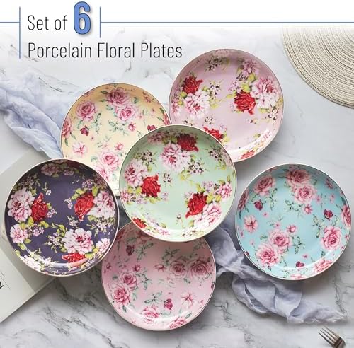 BTaT- Ceramic Floral Dessert Plates, Set of 6, 8 Inch, Assorted Colors with Golden Rim, Deep Porcelain Floral Plates with Gift Box, Dishwasher Safe - Image 2