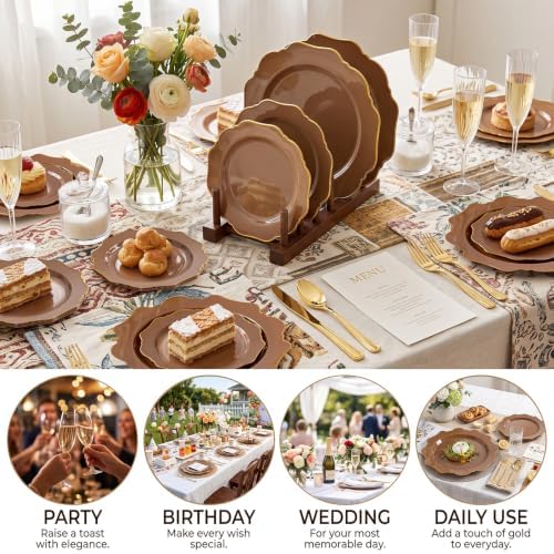 WDF 50PCS Brown and Gold Plastic Plates - Mocha Plates Disposable for Party - Image 2