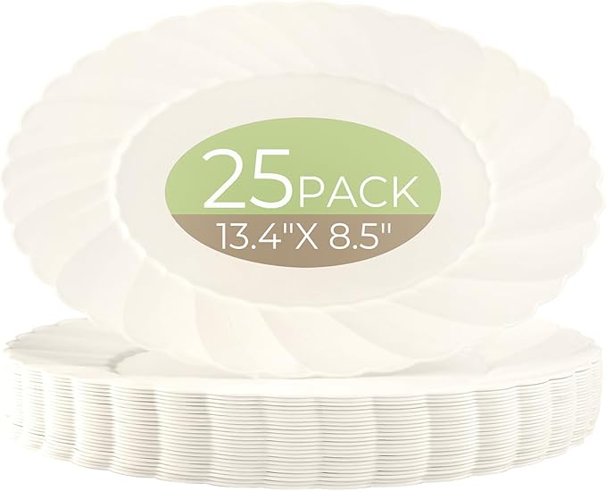 U-QE 25 Count Ivory Christmas Plastic Plates - 13.4 inch Oval Plates Disposable Plates Heavy Duty For Big Eaters, Ivory Disposable Platters Ideal for Christmas, Party, Picnic and Weddings