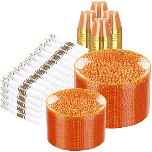 Rubtlamp 700Pcs Orange Gold Plastic Dinnerware Set, Hammered Clear Gold Plates, Fancy Plastic Plates Include 100 Dinner Platos, 100 Salad Platos, 100 Cups, 100 Pack Pre Rolled gold plastic Silverware by Rubtlamp