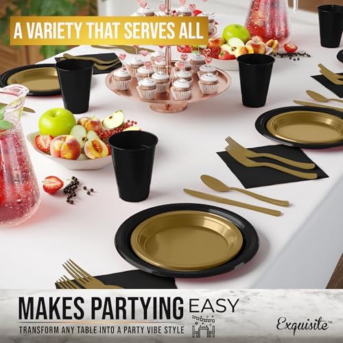 Exquisite 350 Pcs Black & Gold Plastic Plates for Party Black & Gold Disposable Plates Set 50 of Each 9 Dinner Plate Set 7 Dessert Plate Cups Napkins & Cutlery Plastic Dinnerware - Image 4