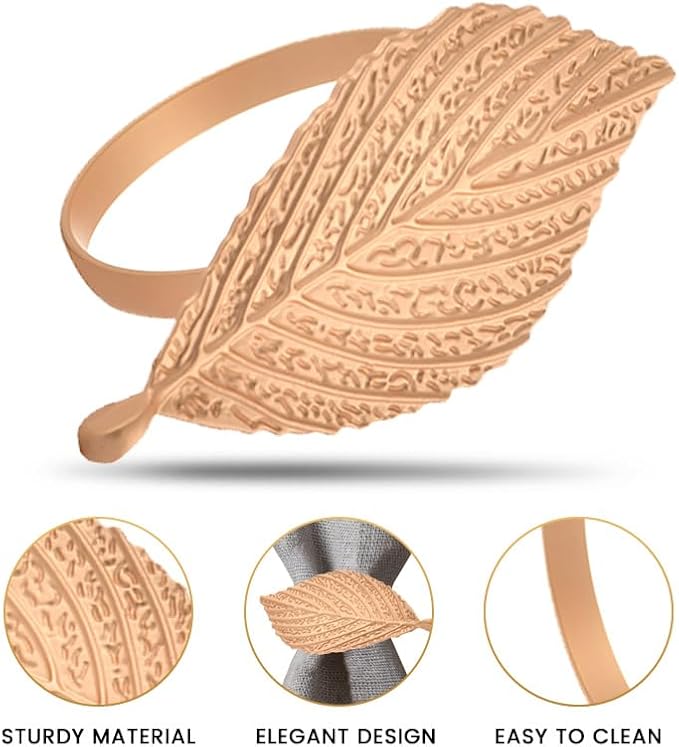 Decozen Set of 4 Gold Napkin Rings in Leaf Design, Festive, Table Decor Setting for Holiday, Wedding, Birthday, Kitchen, Home Decor, Housewarming Gift - Mothers Day Decorations