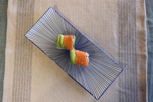 12" Rectangular Plates - Long Serving Trays for Sushi, Pasta, Chips, Appetizer, Cake - Ceramic Rectangle Platter for Party, Restaurant, Banquet (4Pack, Blue Radial) - Image 2