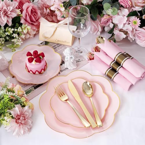 Supernal 30 Pack Gold Plastic Silverware Set with Pre Rolled Pink Napkin - Image 6