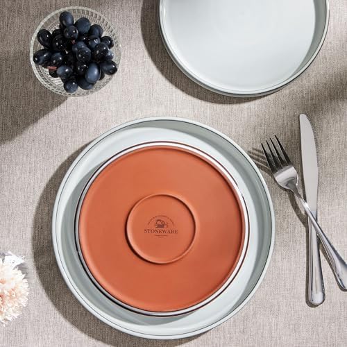 Herogo 12 Pieces Stoneware Dinnerware Set for 4, Ceramic Dinner Dishware Sets for Home Kitchen, Plates and Bowls with Rustic Terracotta Bottom, Dishwasher & Microwave Safe, Icy White - Image 4