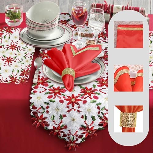 VIJIV 12 Pack Cloth Napkins and Gold Napkin Rings Set of 6, 17x17 Bling Trim Satin Cocktail Napkins Cloth Washable Personalized Dinner Napkins for Wedding Party Holiday Decorative - Image 3
