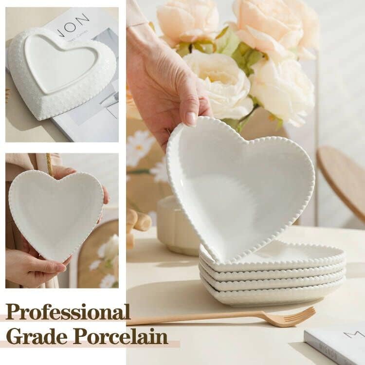 6.3" White Porcelain Appetizer Plates Heart Shape Set of 10 - Image 3