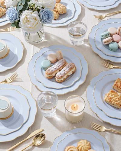 bUCLA 180PCS Blue Plastic Plates - Disposable Light Blue with Gold Rim - Include 30 Each (Dinner & Salad) Plates, 30 Knives, 30 Forks, 30 Spoons, 30 Cups for Party, Party, Birthday & Shower - Image 2