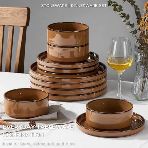Onader Stoneware Dinnerware Sets for 4, Plates and Bowls with Unglazed Terracotta Bottom, Elegant Kitchen Ceramic Dish Dishware Set, Reactive Glaze 12 Piece - Earthy Umber - Image 5