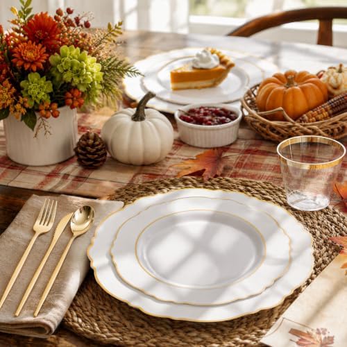 Liacere 150Pcs White Plastic Plates-White and Gold Disposable Plates Set-White and Gold Rim Disposable Plastic Dinnerware include 50Plates,25Pack Silverware and 25Cups for Thanksgiving/Fall Party - Image 5