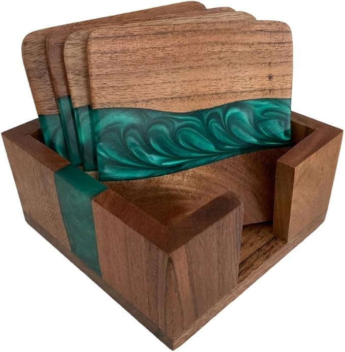 Rustic Wood Coasters Set of 4, Epoxy Resin, 4x4 Inches, With Holder