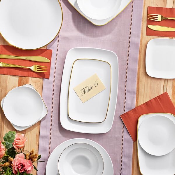 Coupe Dynasty Square Plastic Plates, White with Gold Band, 10 Inch, BPA Free, Disposable, 10 Count, for Events and Weddings