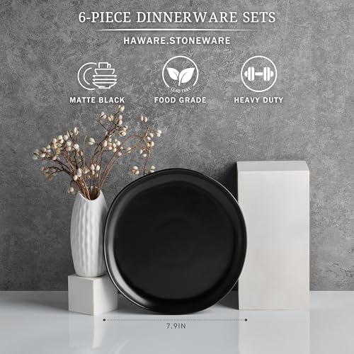 HaWare Stoneware Salad Plates Set of 6, 7.9” Heavy Duty Ceramic Plates, Reactive Glaze Dinnerware for Home Restaurant, Chip and Scratch Resistant, Microwave and Dishwasher Safe, Matte Black - Image 2