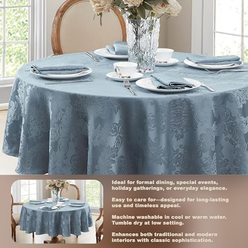 Newbridge Barcelona Damask Fabric Tablecloth, 90 Inch Round, Blue – No Iron, Soil Resistant Table Cover for Dining, Parties and Holidays - Image 3