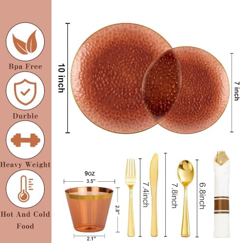 Rubtlamp 700Pcs Amber Gold Plastic Dinnerware Set, Hammered Clear Gold Plates, Fancy Plastic Plates Include 100 Dinner Platos, 100 Salad Platos, 100 Cups,100 Pack Pre Rolled gold plastic Silverware - Image 2