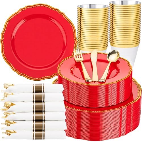Hioasis 350 Pcs Red Gold Plastic Plates Wedding & Party by Hioasis