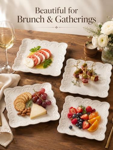 8 Inch Embossed Ceramic Salad Plates Set of 4, White Appetizer Plates with Scalloped Lace Edge, Vintage Square Plates for Salad, Snacks, Brunch, Dessert, Firut, Microwave Oven Dishwasher Safe - Image 2