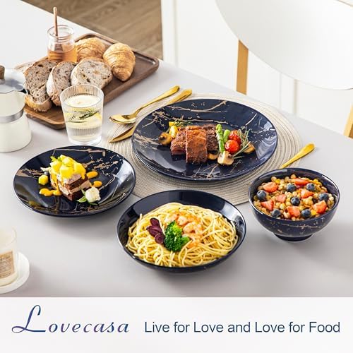 LOVECASA Plates and Bowls Sets for 6, 24 Pieces Porcelain Dinnerware Sets, Dark Blue and Gold Dish Set Gold Splash Dishware Sets, Dishwasher Microwave Safe - Image 3