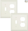 2-Pack Combo Toggle/Duplex Light Switch Cover Plate, Light Almond Metal Wall Outlet Cover Plate, Decorative Classic Beaded Wall Socket Receptacle Cover for Electrical Outlets, Light Switch