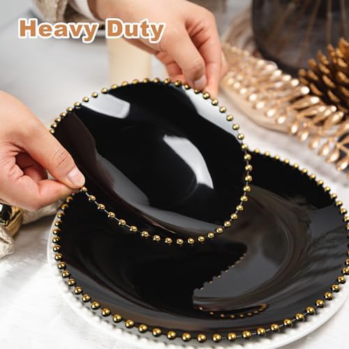 HOMIP 50PCS Disposable Black Plastic Plates with Gold Pearl-Beaded Rim - Image 4