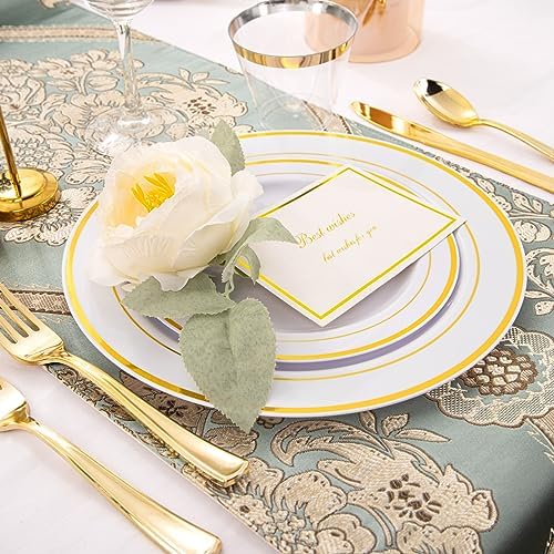 WELLIFE 210 Piece Gold Plastic Dinnerware Set, Include: 30 Dinner Plates, 30 Dessert Plates, 30 Pre Rolled Napkins with Silverware and 30 Cups - Image 3
