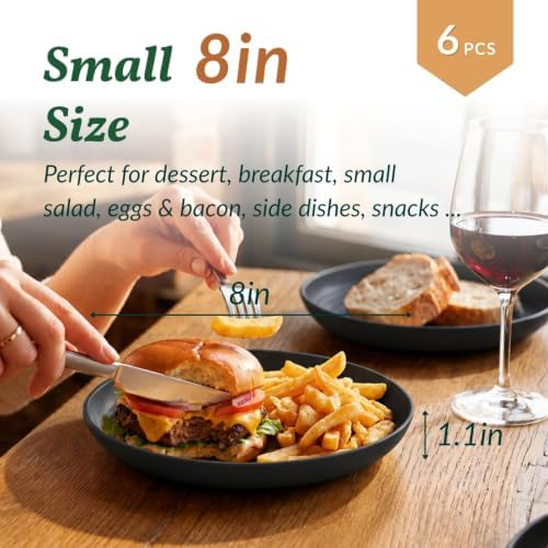 Homienly Wheat Straw Deep Plates 8 Inch Unbreakable Dessert Plates for Kitchen, Camping Microwave and Dishwasher Safe Plate Set for Bread & Butter, Appetizer Reusable Plastic Plates Set of 6 (Black) - Image 2