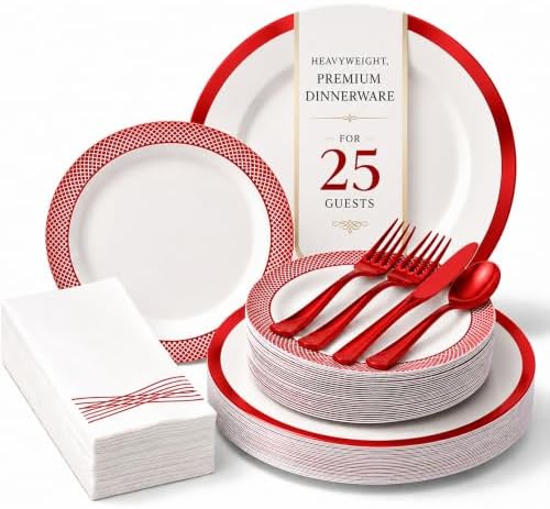 By Madee HEAVYWEIGHT White and Red Plates for Party Set 175 Pc by byMadee